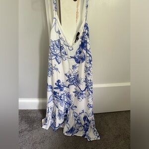 Blue and white floral print ruffle dress